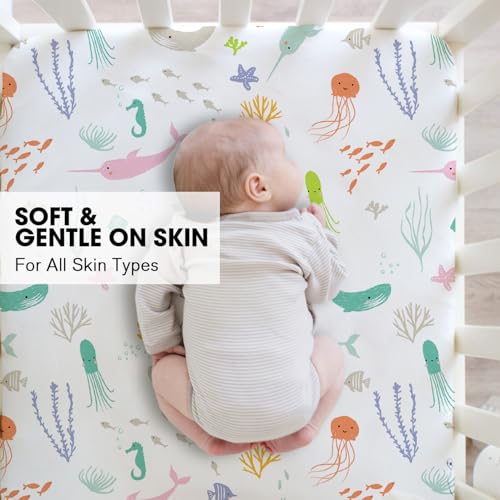 Image of Little Grape Land Crib Sheets 2 Pack, Microfiber Fitted Crib Sheet for Standard Crib Mattress 52 inchx28 inchx8 inch, Soft and Neutral Baby Crib Sheets for Boys and Girls, Breathable & Easy Care, Pastel Ocean