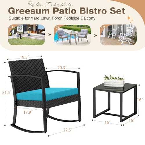 Image of Greesum 3 Piece Patio Furniture Set, All-Weather Imitation Rattan Conversation Set, Outdoor Rocking Chair Bistro Set with Glass Top Coffee Table for Pool, Deck, Porch, Garden or Balcony, Blue