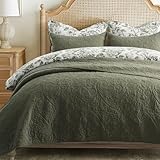 EVERGRACE 100% Cotton Paisley Quilt Set, Queen Size 3 Piece Set – Prewashed Lightweight Bedspread with 2 Shams, Soft & Breathable Coverlet for All-Season Comfort, Olive Green