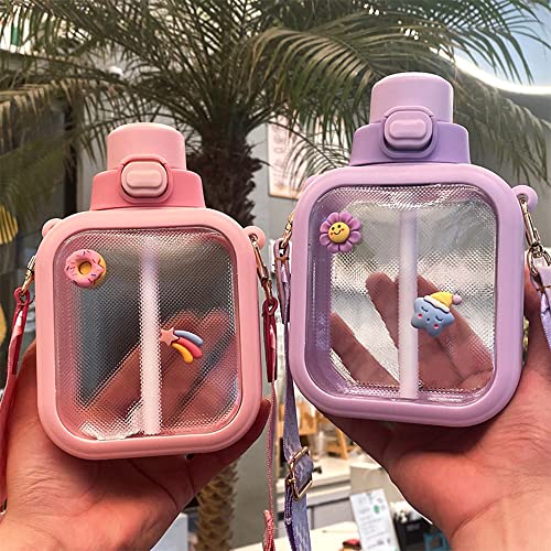 Kawaii Water Bottle For Girls Cute Water Bottles With Straw, Portable Leak Proof Square Kawaii Water Bottle With Stickers And Adjustable Strap - For Outdoor Sports Travel, Bpa-Free, 24Oz (Purple) #TOP7