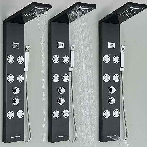 Columna de ducha de acero inoxidable con sistema torre, lluvia, cascada y masaje por chorro - Negro miniatura 4