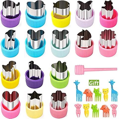 Keepaty 16 Pieces Fruit Shape Cutters Vegetable Cutter Set Mini Animal Cookie Cutters Fruit Stamps Mold 10 PCS Cute Cartoon Animals Food Picks and Forks Cover