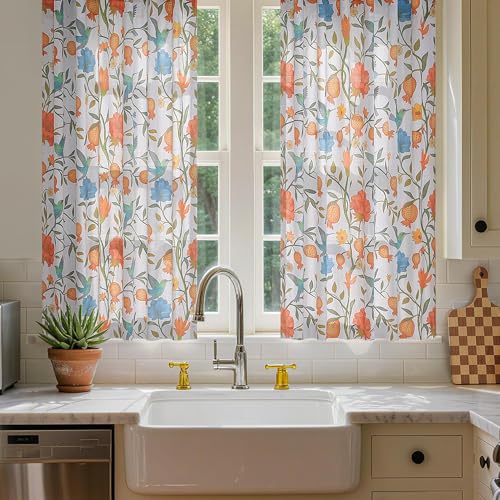 Image of JOOJA 54 Inch Boho Floral Curtains Tropical Bird Print Linen Semi Sheer Window Drapes for Kitchen, Bedroom, Bathroom, Living Room, Dining Room, White