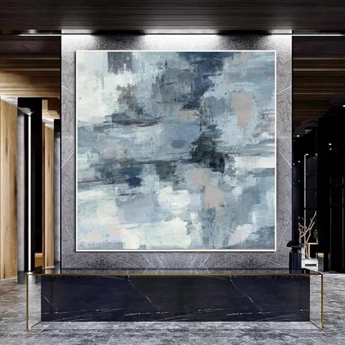 Tableau d'art abstrait bleu moderne pour decoration de salon chaleureuse et epuree 30x30cm