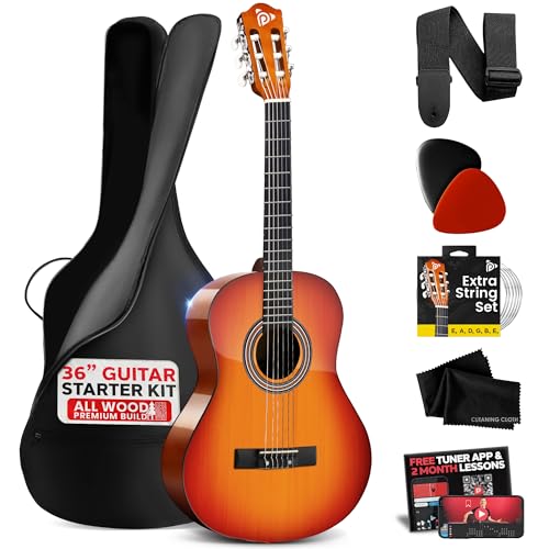 Pyle kit de guitarra acustica, 3/4 Tamaño juvenil, 36”, Para principiantes, Niños, Adultos, Incluye correa de transporte, Paño de limpieza, Aplicación de afinador