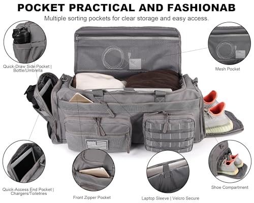 Image of LHI 50L Tactical Duffle Bag for Men, 3-in-1 Gym Duffle and Backpack, Shoe Compartment, Laptop Sleeve and MOLLE, Carry-On Travel Weekender and Overnight Bag - Gray