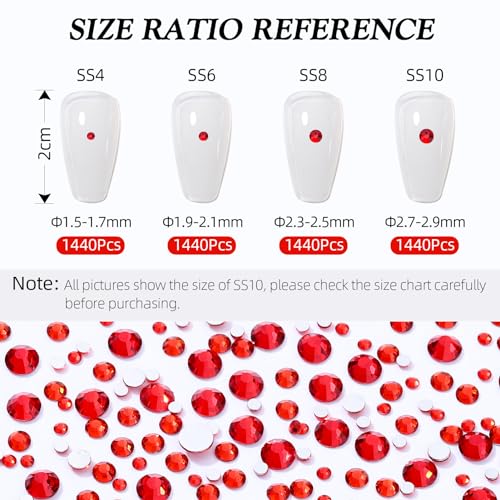 Image of Light Siam Flatback Rhinestones, Glass Rhinestones for Nail Art and Craft, Glue Fix, Loose Crystal Gemstones(Red, SS8, 1440pcs, 2.3-2.5mm)