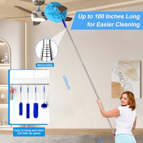 Image of Duster with Extension Pole - Royal Blue | 6-in-1 Kit Dusters for Cleaning, Extendable Duster with 100 Inches, Microfiber Dusters for Ceiling Fans, Furniture, Blinds