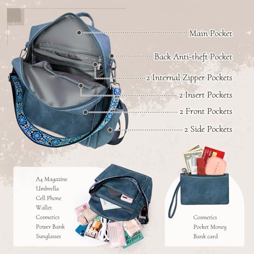 Image of Backpack Purse for Women, Waterproof PU Leather Back pack, Anti-Theft Women Backpack, Lightweight Fashion Multipurpose Shoulder Bag Handbag, Blue