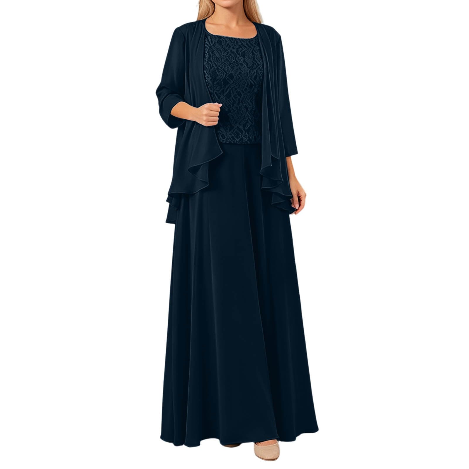 Generisch Tuta da donna, 3 pezzi, con pantaloni, abito da ballo, elegante abito per il tempo libero, top in pizzo, cardigan a maniche lunghe e pantaloni in chiffon, abito da sposa per matrimonio