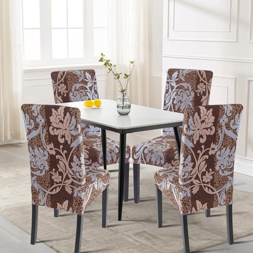 Image of SearchI Dining Room Chair Covers Set of 4, Stretch Printed Parsons Chair Slipcovers Removable Washable Kitchen Chair Protector Cover for Dining Room, Hotel, Ceremony (Brown+Flower)