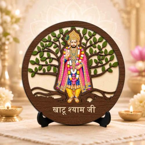 Image of Khatu Shyam Ji Table Top Wooden Idol /Murti for Mandir Decoration, Office Desk & Festive Gift - 5x5 Inch
