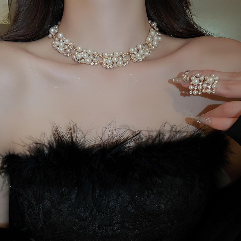 Dainty Pearl Rhinestone Necklace Earrings Set Layered Chunky Short Pearl Rhinestone Statement Necklace Earrings Set Elegant Gold Plated Wedding Bride Jewelry Set for Brides Bridesmaid - Image 2