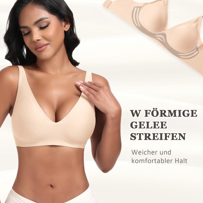 Jiuday Tiefer V Push Up BH ohne Bügel for Damen Bequemer BH für Große Brüste Starker Halt Seamless Soft Bra Bügelloser Gepols