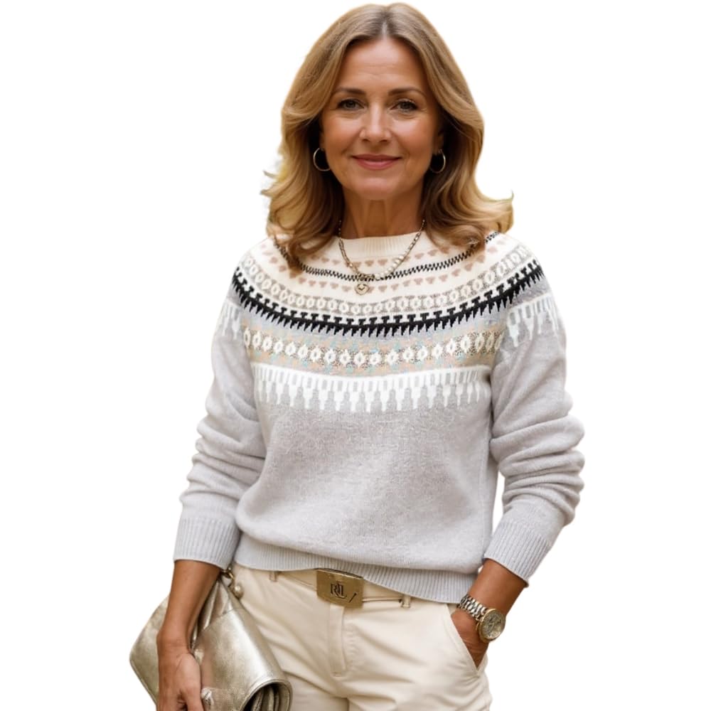 Womens Classic Fair Isle Floral Print Pullover Knitted Sweater Fall Winter Casual Oversized Long Sleeve Crewneck Tops