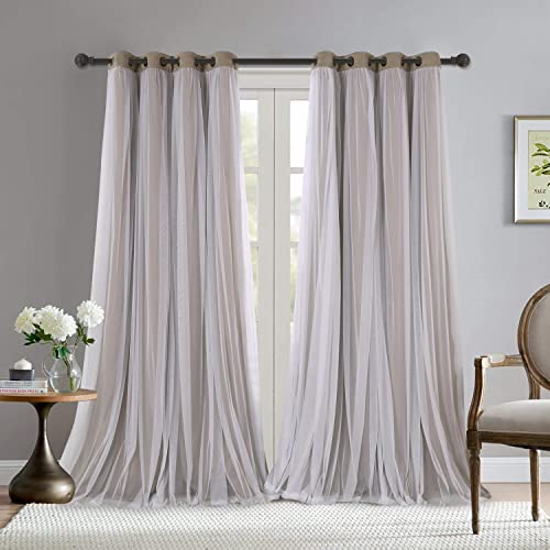 BONZER Dual Layers Grommet Top Mix and Match Blackout Curtains with White Sheer Voile for Living Room, Vintage Linen, 52x95 Inch, Set of 2 Panels