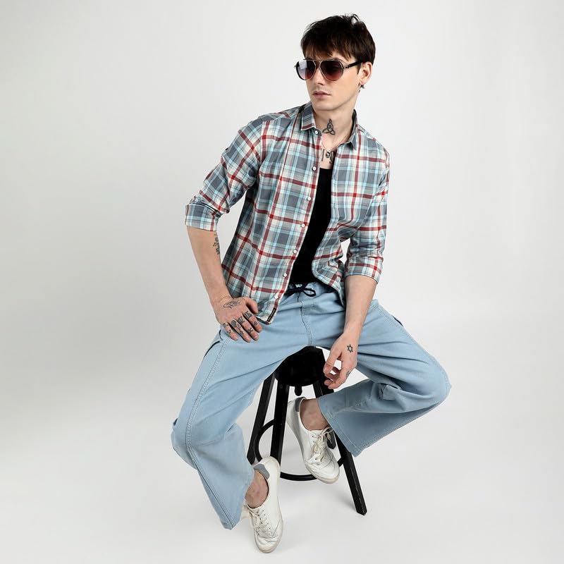 Image of Campus Sutra Men's Steel Blue Tartan Plaid Shirt for Casual Wear | Spread Collar | Long Sleeve | Button Closure | Shirt Crafted with Comfort Fit for Everyday Wear