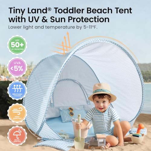 Image of Tiny Land Baby Beach Tent - Pop Up Baby Tent with UV Protection, Portable Baby Beach Essentials, 35.4 inchx27.6 inchx31.5 inch Sun Shelter for Infants, Baby Summer Outdoor Use (Light Blue Gingham)