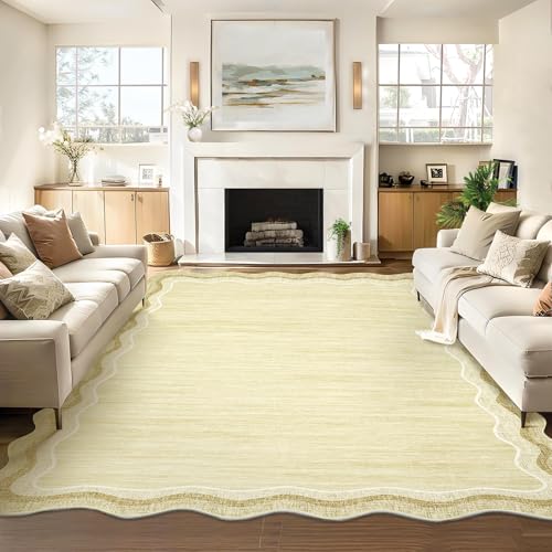 GarveeHome Large Scalloped Rugs 10x13 for Living Room Bedroom Washable Scalloped Solid Rug Non-Slip Stain Resistant Carpet Easy Clean Kids&Pet Friendly Carpet for Farmhouse Dining Room Dorm Beige