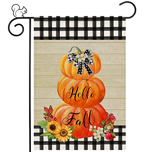 Royum Hello Fall Garden Flag 12 x 18 Orange Double Sided Vertical Buffalo Plaid Sunflower Pumpkins Thanksgiving Autumn Halloween Outside Outdoor Farmhouse Decoration