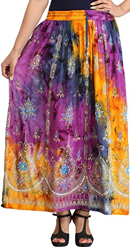 Jupe longue violette femme avec imprimé paisley multicolore et sequins