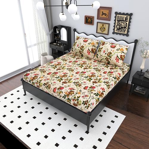 Image of Mafatlal Saanjh 144 TC King Size Cotton Bed Sheet 108x108 Inch | Summer Cooling Bedding | Floral Pattern Design | Hand Crafted |Soft Airflow Weave | Premium Home Linen Set | Pillow Cover | Dark Beige