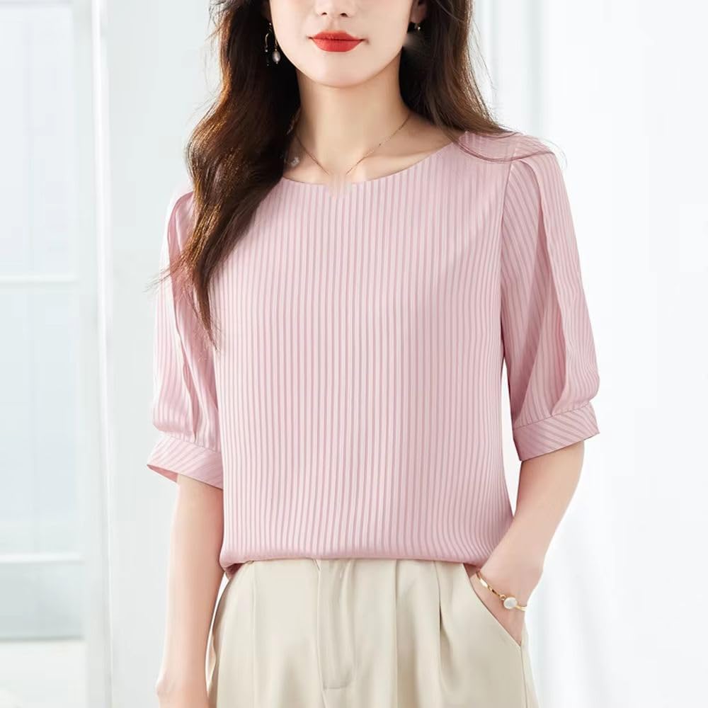 Women's Korean Shirt Simple O-Neck Short Sleeve Loose Elegant Blouse Vintage Top
