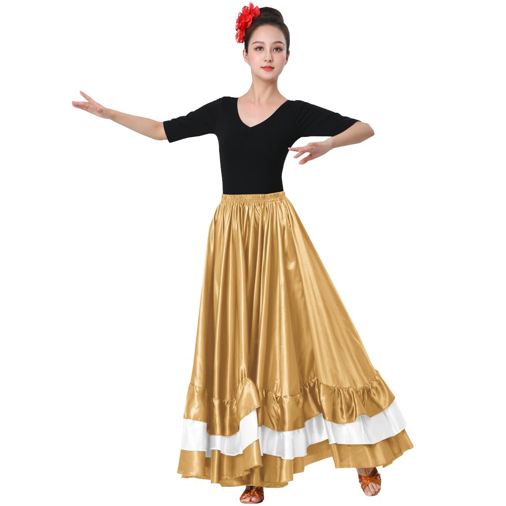 SANCAN Langer mexikanischer folklorischer Flamenco-Tanzrock für Damen mit Rüschen, goldfarben