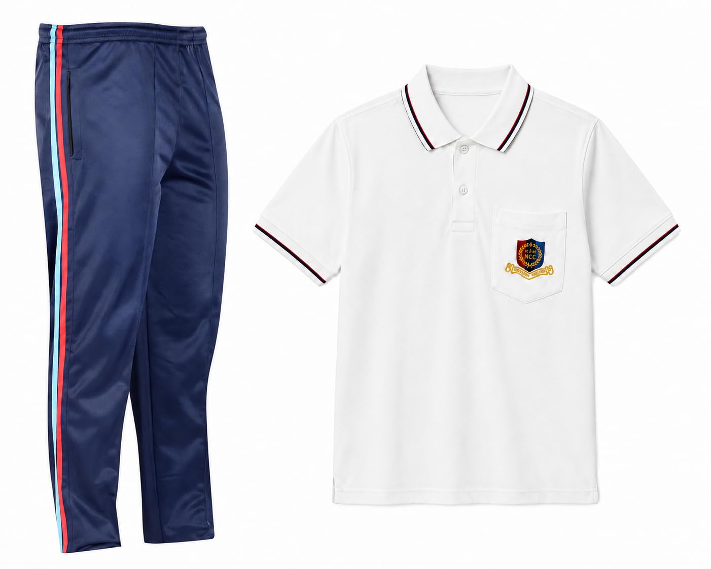 NCC Unisex Combo T-Shirt and Lower, White Polo with Embroidered Badge, Navy Blue Track Pant with Side Stripes-picture-10
