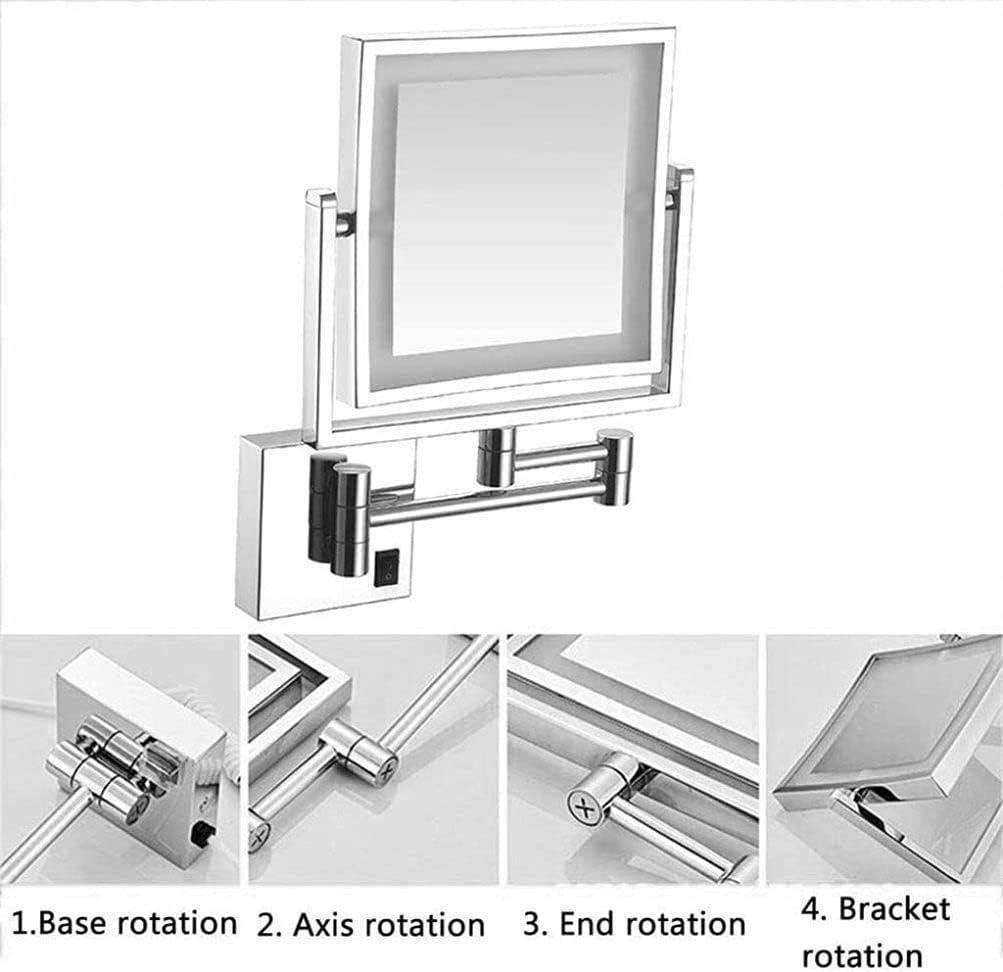 Wall Mounted Makeup Mirror with Lights and 3X Magnification, 8 in Double Sided Squares Vanity Mirror with Extendable Arm Bathroom Shaving Mirror for Bathroom Hotel,Silver_Plug