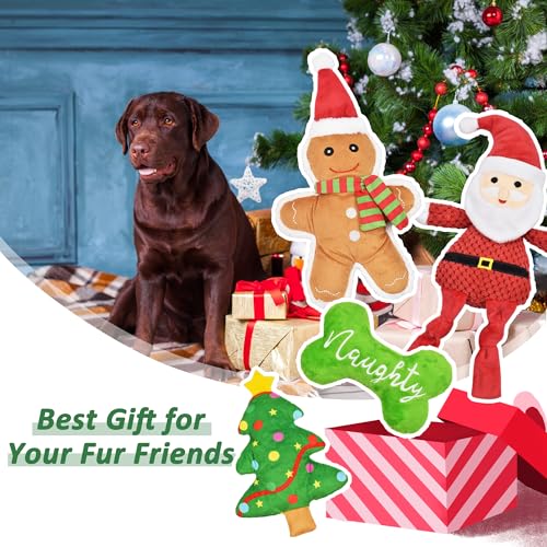 LECHONG Weihnachten Hundespielzeug, 4 Stück Quietsche Spielzeug für Hunde, Gefülltes Kauspielzeug für Zahnen, Bundle für Welpen, Kleine, Mittlere und Große Hunde