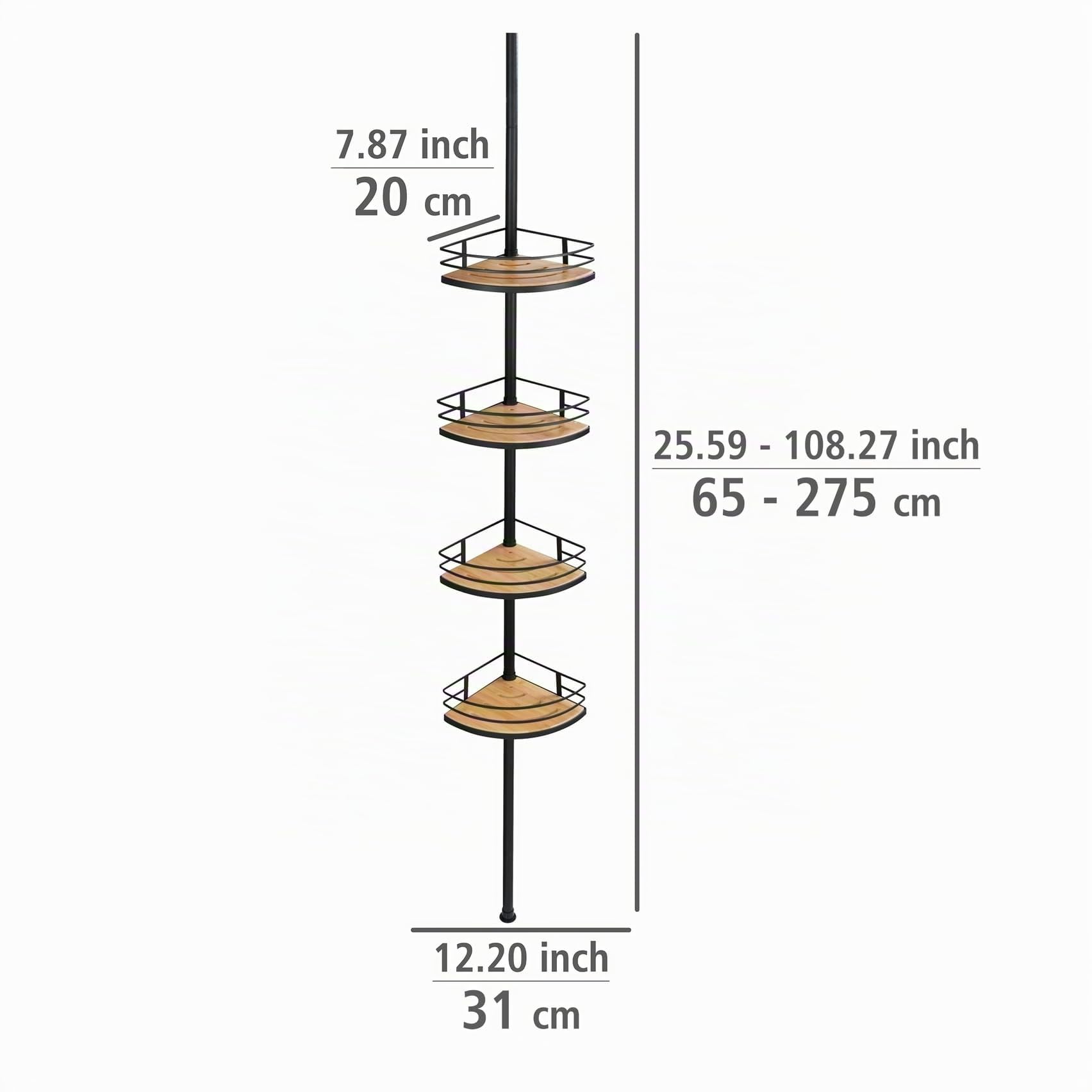 WENKO Etagère de Salle de Bain télescopique Dolcedo| 4 Paniers de Douche d'angle | Fixation sans perçage par Torsion réglable en Hauteur jusqu'à 2,75m| Acier INOX | 31x65-275x23 cm | Noir Mat Bambou