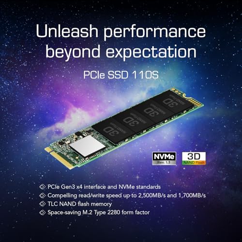 Image of Transcend MTE110 1TB M.2 2280 SSD, Up to 1,700 MB /s, Compatible w /Ultrabook /Laptop /PC /Desktop, PCIe NVMe Gen3x4 SSD, 3D TLC NAND Flash Internal Solid State Drive, LDPC Error Correction ECC, SLC Cache