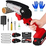 Mini Motosierra De Una Mano, Motosierras De Madera De Mano InaláMbricas De 4 Pulgadas, Motosierra EléCtrica PortáTil De 24 V 550 W Con 2 BateríAs Y 4 Cadenas ,Red mini chainsaw