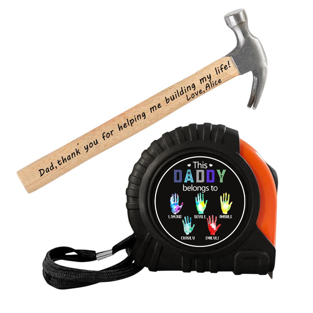 Personalized Fathers Day This Daddy Belongs to Tape Measure Hammer Set for Dad,No One Measures Up to You,Custom Picture Wood Dad Measuring Tape,