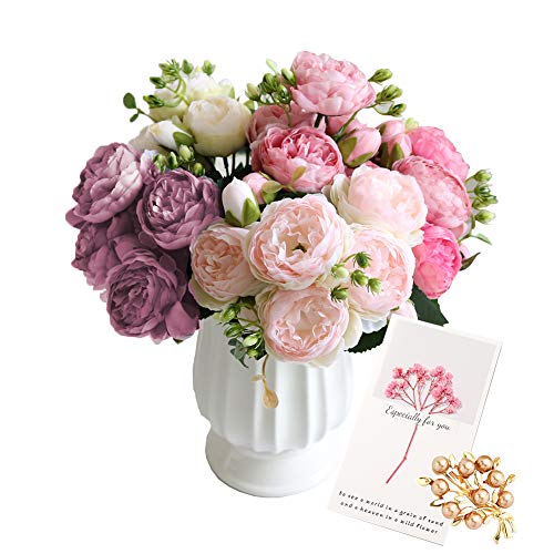 OuLi Store®4 Bouquets de Fleurs artificielles en Soie Pivoine Artificielle Fausse Fleur glorieuse pour la décoration de Maison, 5 fourchettes, 9 têtes (4 Bouquets-Rose+Rose Clair+Blanc+Violet)