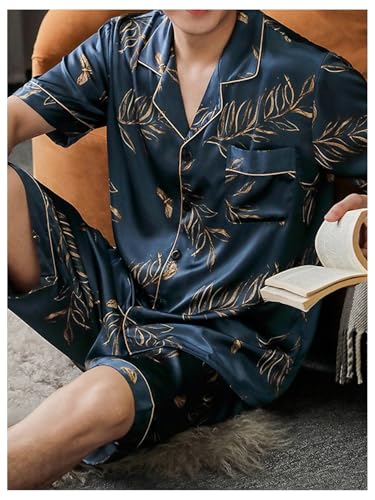 Men's 2 Piece Satin Silk Pajama Sets Leaf Graphic Button Down Shirts and Shorts Loungewear Sleepwear Pjs3