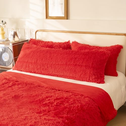 HAIHUA Plush Faux Fur Long Body Pillow Cover, Soft Fluffy Body Pillow Case with Zipper Closure, Shaggy Furry Decorative Pillowcase, Fuzzy Pillow for Bedroom and Living Room Couch (20"x54", Red)