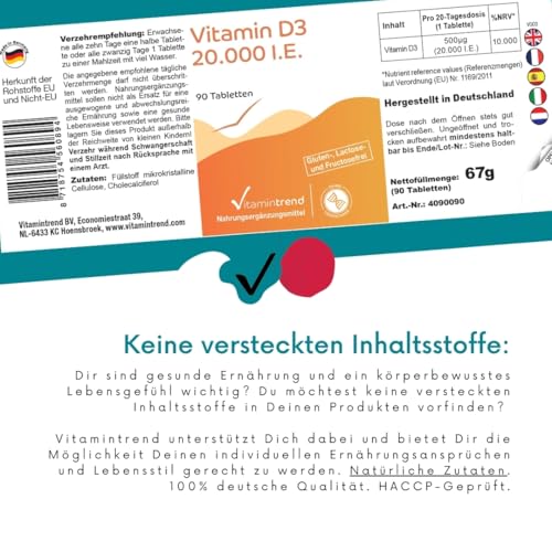 Vitamintrend Vitamin D3 20000 I.E. hochdosiert, 90 Tabletten, schluckfreundlich, Sonnenvitamin Cholecalciferol, Nahrungsergänzungsmittel ohne Zusätze, in Deutschland hergestellt
