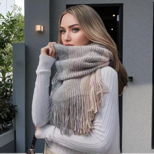 Classic Soft Knit Poncho Shawl Wrap - Winter Warm Fringe Tassel Colorblock Sweater Cape, V-Neck Stripe Pullover3