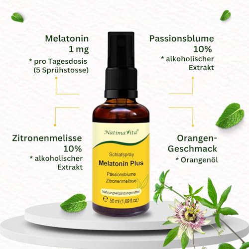 Melatonin Spray hochdosiert – 50 ml - Schlafspray mit Passionsblume & Zitronenmelisse – 1 ml Melatonin pro Tagesdosis – Vegan & Zuckerfrei – NatimaVita