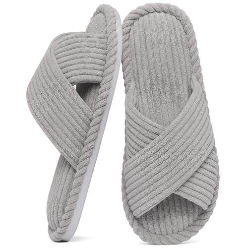 Evshine House Slippers for Women Memory Foam Bedroom Slippers Corduroy Open Toe Slides Shoes Indoor and Outdoor,Grey 270 (Size 7.5-8.5)