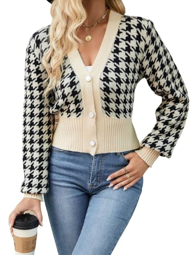 utcoco Womens Cropped Slim-Fit Sweater 2025 Fall Outfits Color Block Houndstooth Knit Cardigan Tops