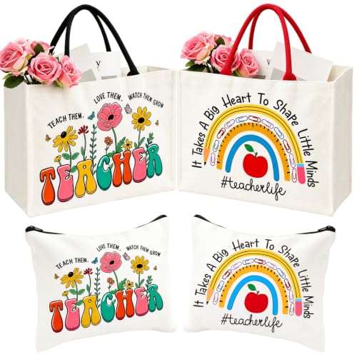 Huiboome 4 Pcs Teacher Appreciation Gifts for Women Bulk - Teacher Canvas Tote Bag with Makeup Bag Set Thank You Gifts for Women Teachers from Students End of Term