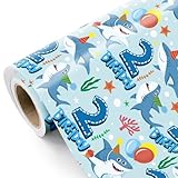 WRAPAHOLIC 2nd Birthday Wrapping Paper Roll - Mini Roll - 17 Inch x 16.5 Feet - Colorful Ocean Shark Wrapping Paper Perfect for Kids Boys Birthday, Baby Shower