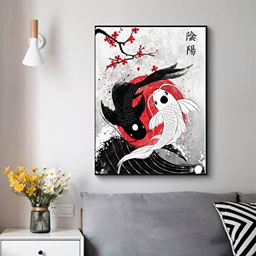 Japanese Koi Fish Wall Art - Yin Yang Wall Decor Cherry Blossoms Canvas Wall Art Painting Poster Black White And Red Picture Home Decor Unframed (12X18Inches/30X45Cm) #TOP1