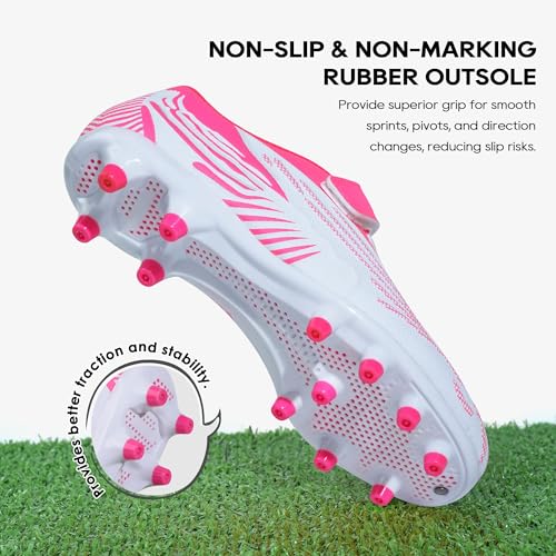 brooman Kids Firm Ground Soccer Cleats Boys Girls Athletic Football Shoes (4,White Pink) — view 5