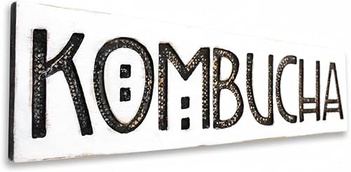 Kombucha Sign - Carved (Available in 3 Sizes) Solid Wood Board Rustic Tea Green Black Coffee Distressed Kitchen Farmhouse Style Restaurant Cafe