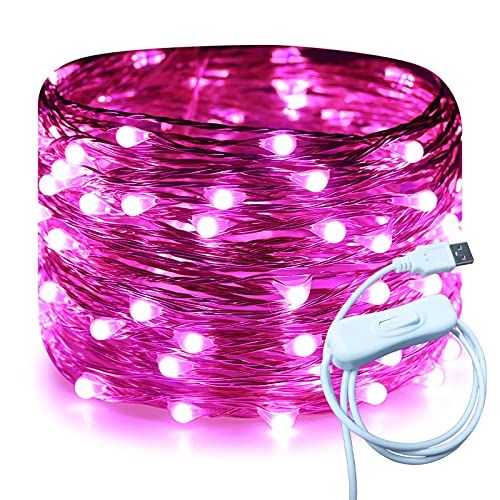 RUICHEN USB Fairy Lights 33 Ft 100 LED Firefly String Lights with ON/Off Switch, Waterproof Silver Wire Christmas Lights for Bedroom Wall Ceiling Wreath Crafts Wedding Party (Pink) RUICHEN USB Fairy Lights 33 Ft 100 LED Firefly String Lights with ON/Off Switch, Waterproof Silver Wire Christmas Lights for Bedroom Wall Ceiling Wreath Crafts Wedding Party (Pink)