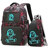 Pawsky Skateboard Anime Luminous Backpack School Backpack with USB Charging Port for Teen Boys, College School Bookbag Lightweight Laptop Bag with Sling Bag Set, Red